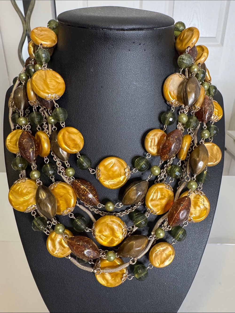Multi-Strand Golden Amber and Olive Statement Necklace